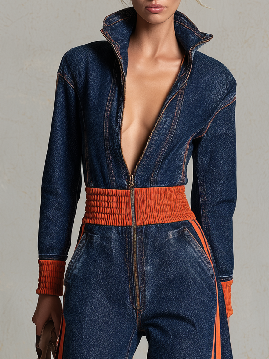 Retro Sporty Orange Stripe Plunge Zip Front Wide Leg Denim Jumpsuit