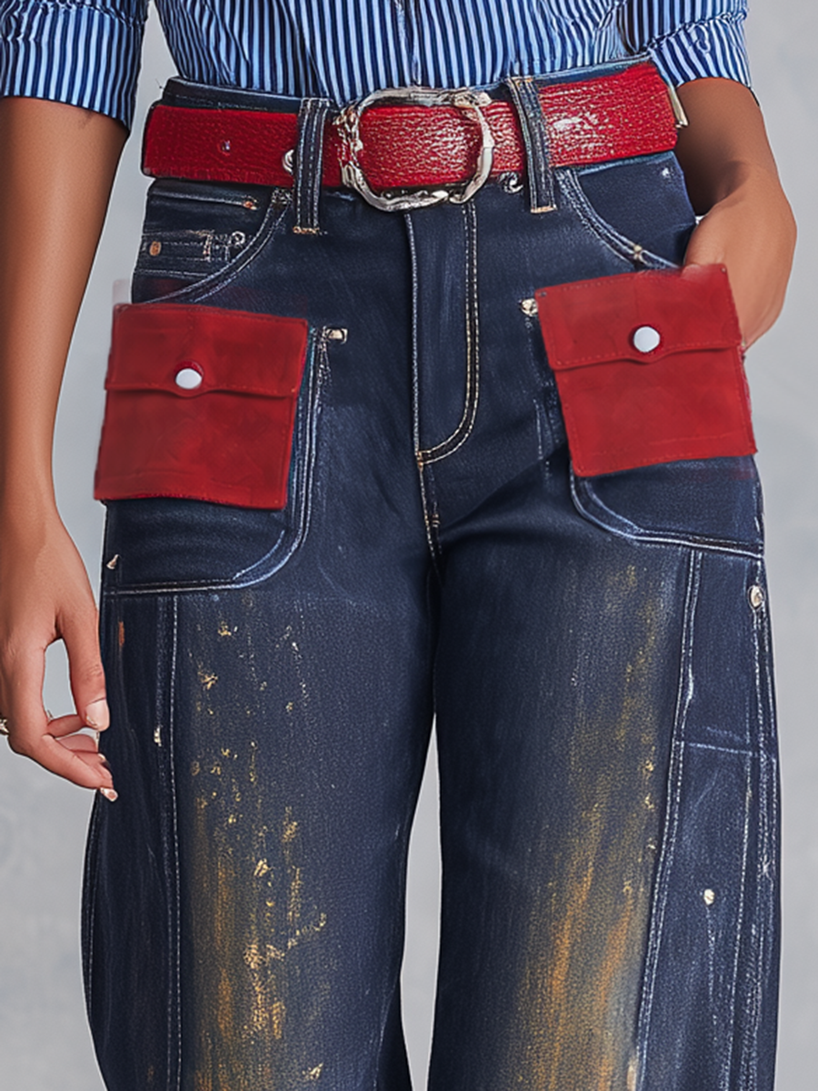 Vintage Western Red Suede Pocket Dark Wash High Rise Wide Leg Jeans
