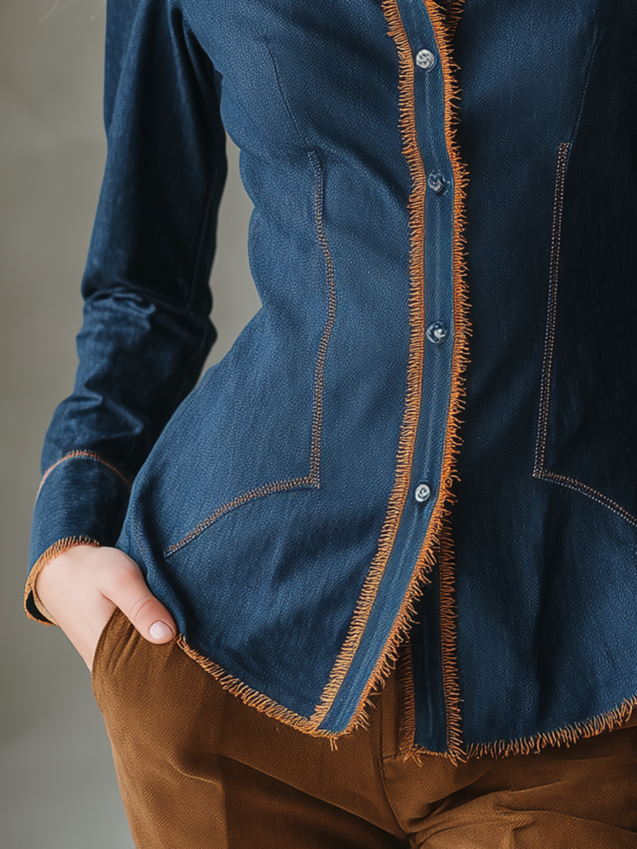 Vintage Western Fringe Trim Fitted Button Up Dark Wash Denim Shirt