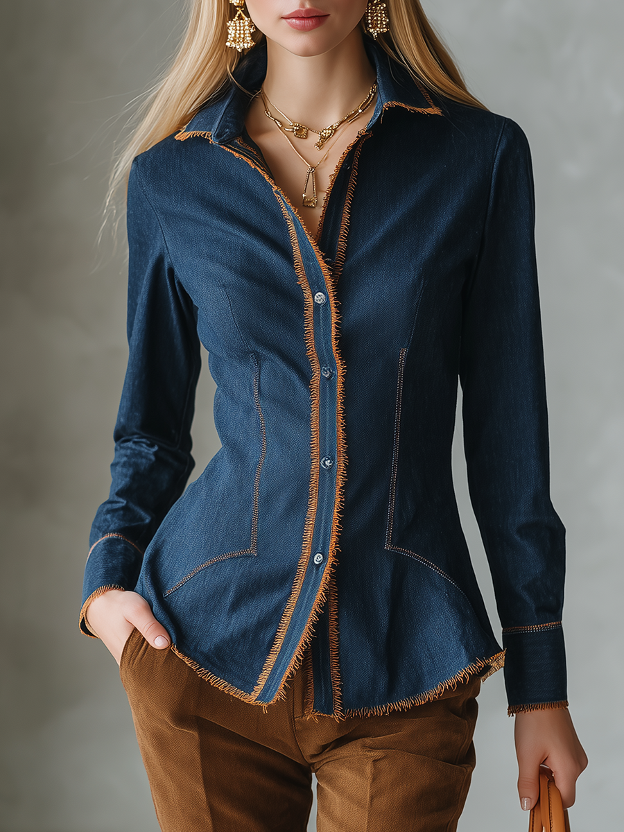 Vintage Western Fringe Trim Fitted Button Up Dark Wash Denim Shirt