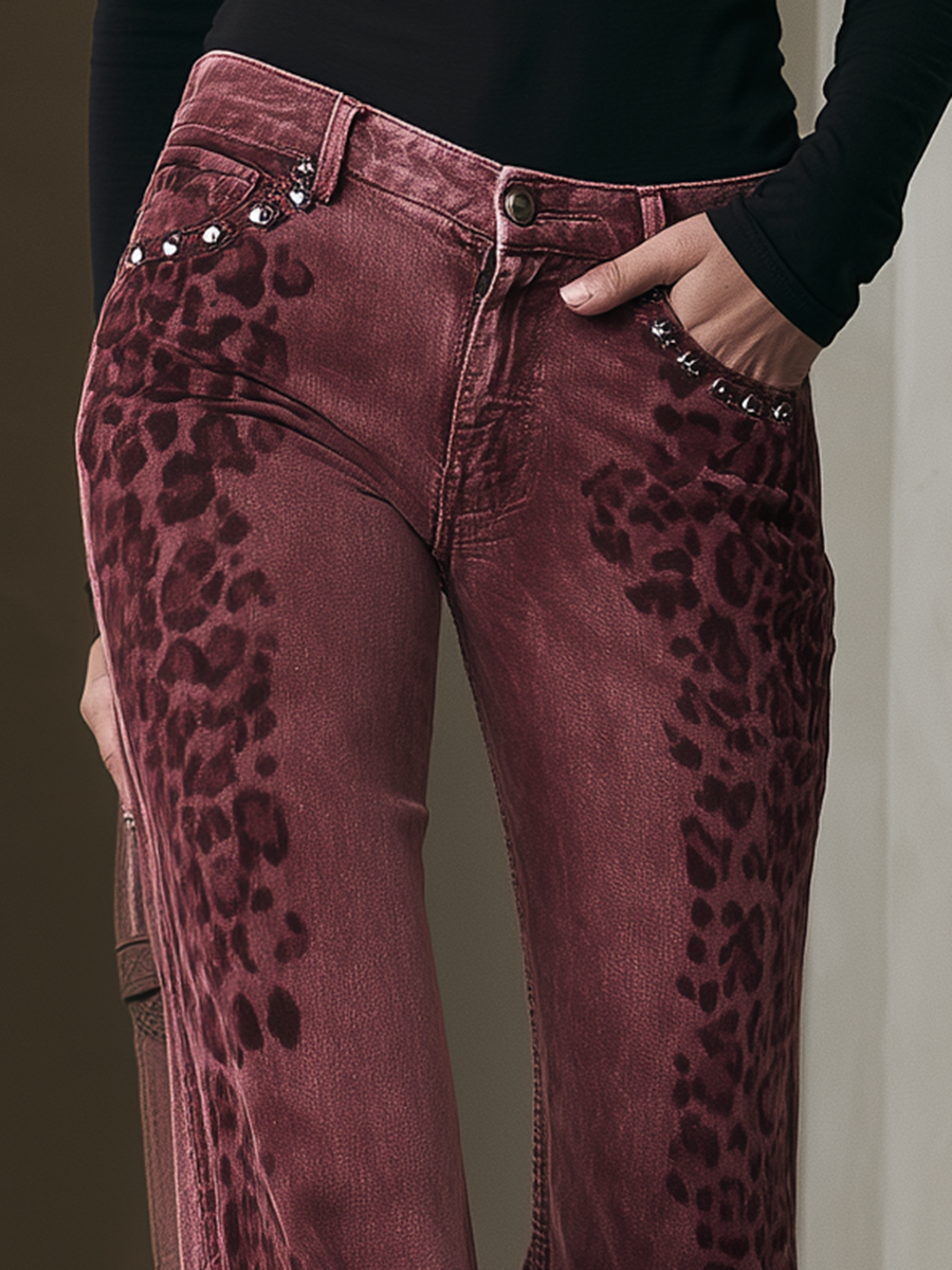 Retro Boho Burgundy Leopard Print Studded Pocket Low Rise Flare Jeans