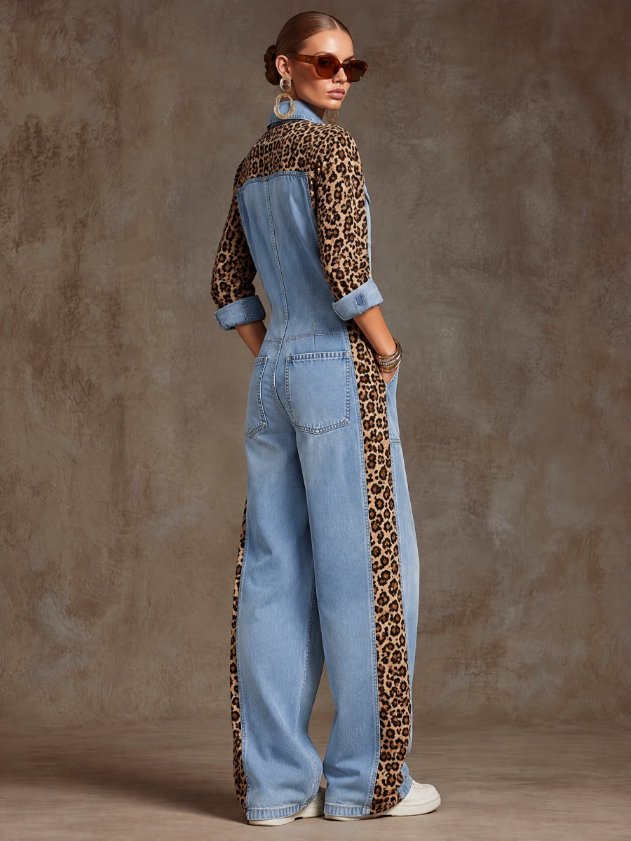 Loose-fitting Retro Leopard Print Patchwork Light Blue Denim Wide-leg Jumpsuit
