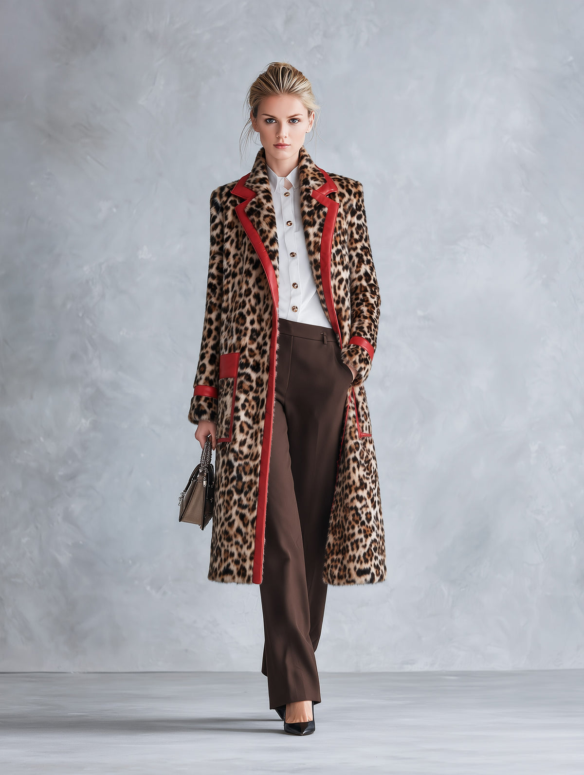 Chic Urban Faux-Leather Trimmed Leopard-Print Faux-Fur Coat