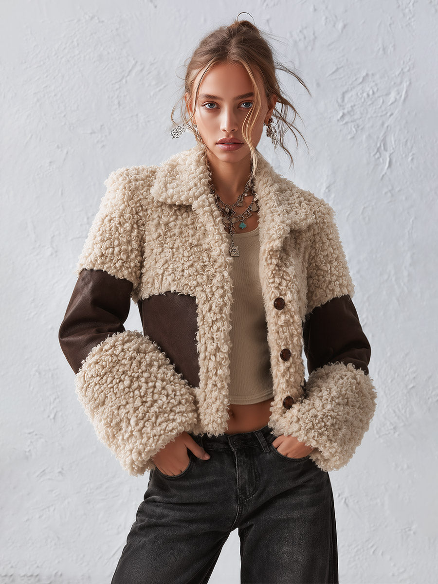 Stylish and Warm Cream and Brown Colorblock Cropped Faux Shearling Coat