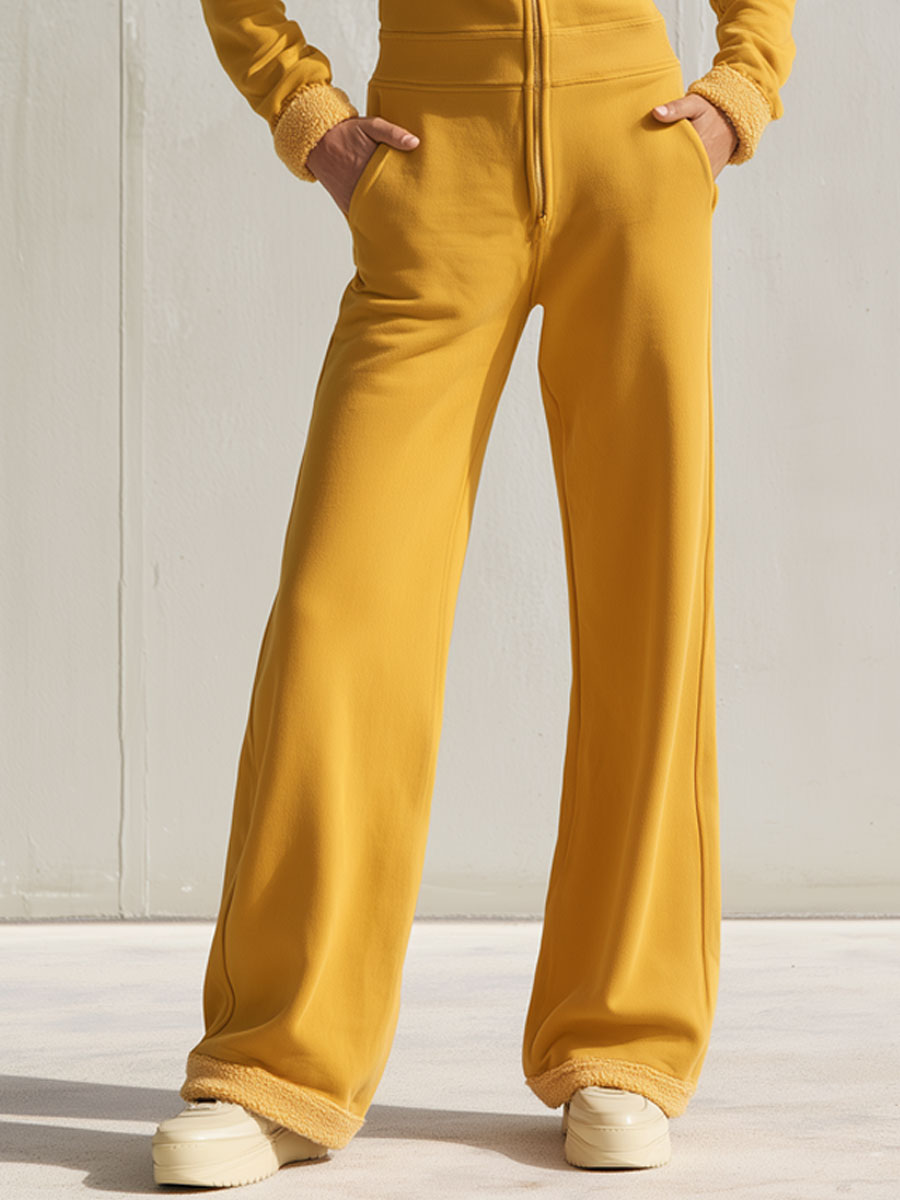 Casual And Stylish Yellow Cotton Fleece Zip-up Jumpsuit