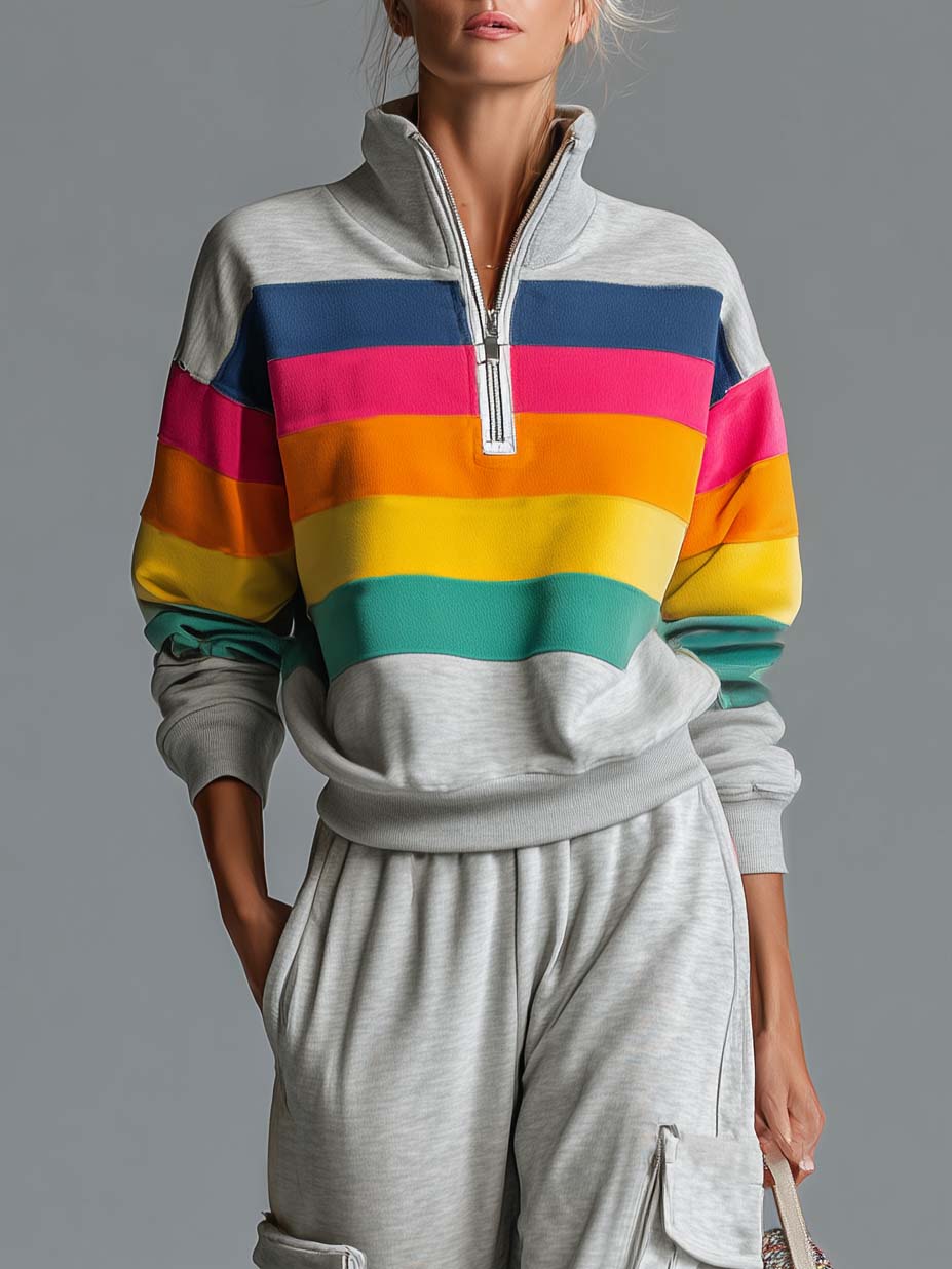 Retro Rainbow Striped Quarter Zip Sweatshirt Cargo Wide Leg Sweatpants Two Piece Set