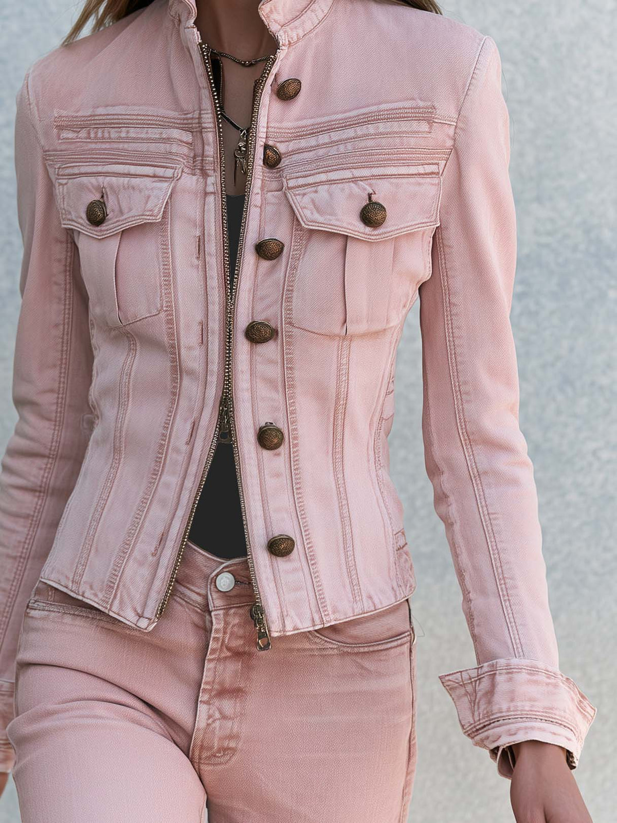 Vintage Military Stand Collar Zip-Up Gold Button Fitted Washed Pink Denim Jacket