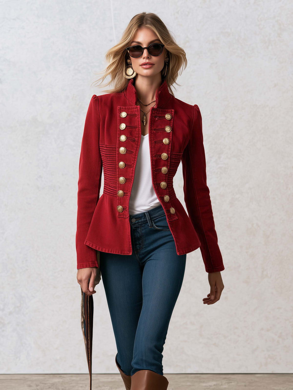 Vintage Military Red Double Breasted Peplum Stand Collar Gold Button Denim Jacket