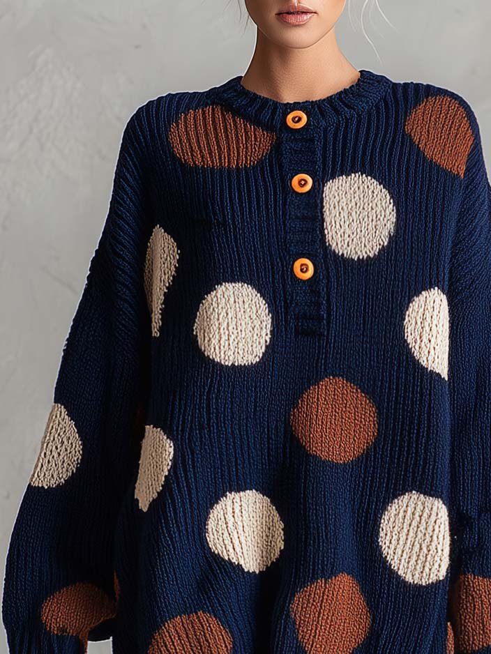 Retro Chic Navy Polka Dot Henley Oversized Chunky Knit Mini Sweater Dress