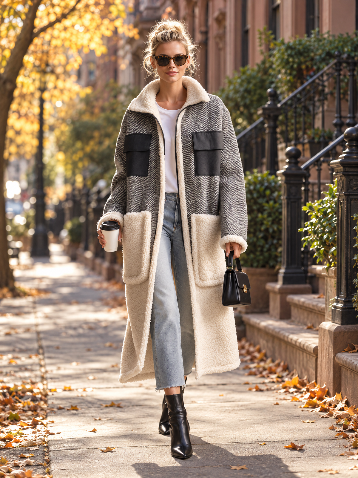 Casual Vintage Grey Herringbone Fleece Patchwork Pocket Zip-Up Long Sherpa Coat