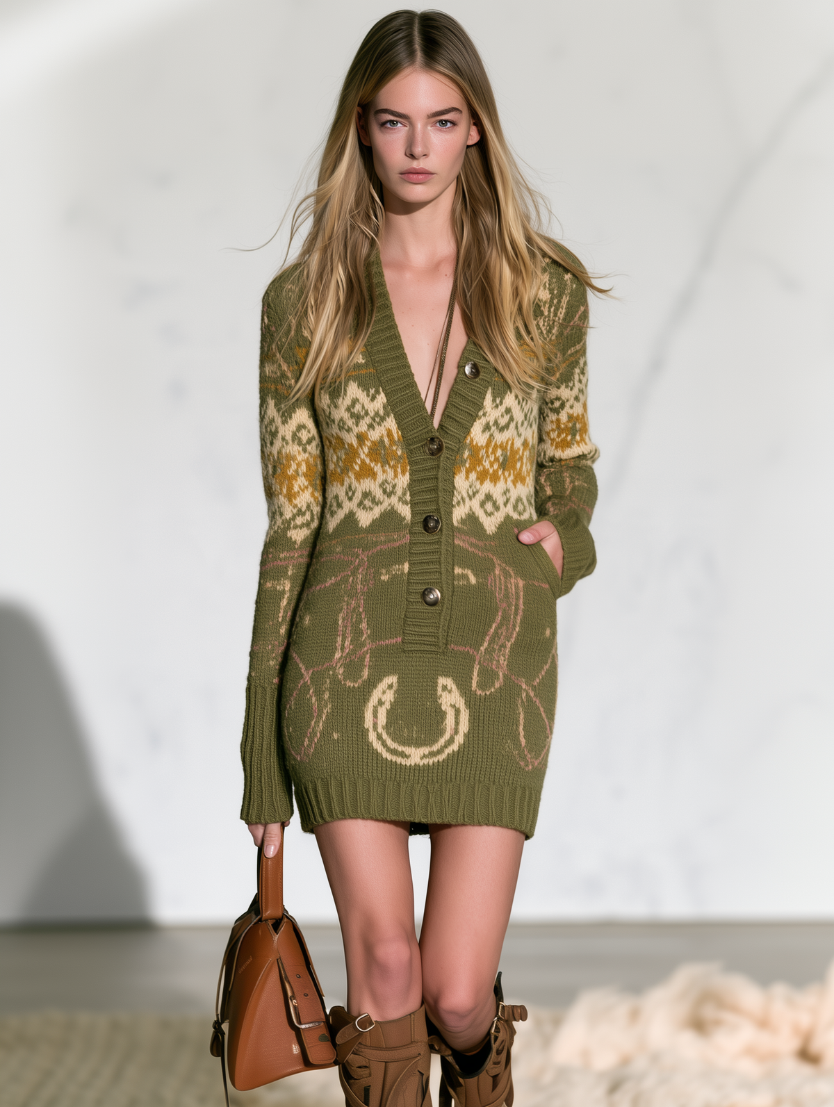 Retro Western Olive Fair Isle Mini Sweater Dress With Horseshoe Motif