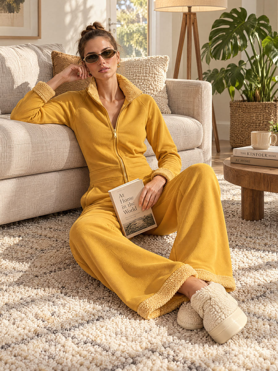Casual And Stylish Yellow Cotton Fleece Zip-up Jumpsuit