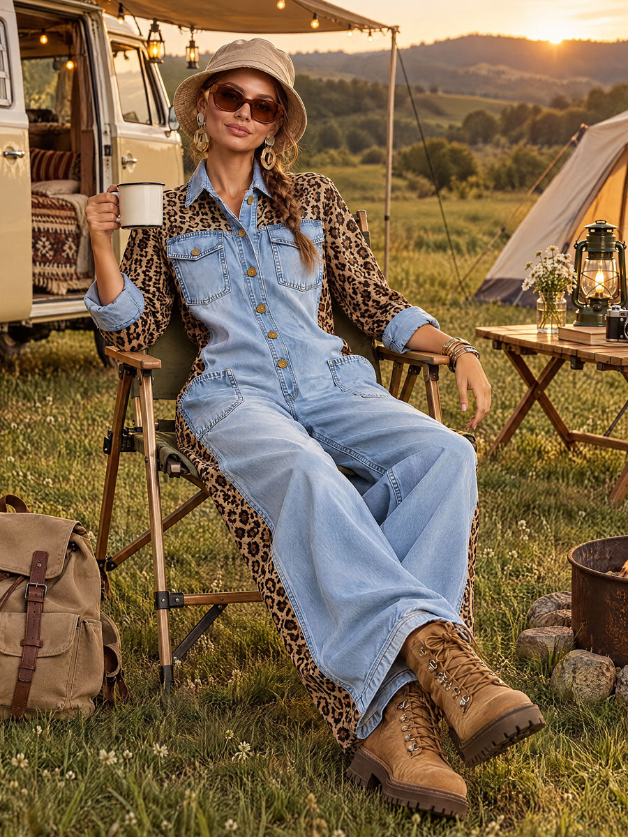 Loose-fitting Retro Leopard Print Patchwork Light Blue Denim Wide-leg Jumpsuit