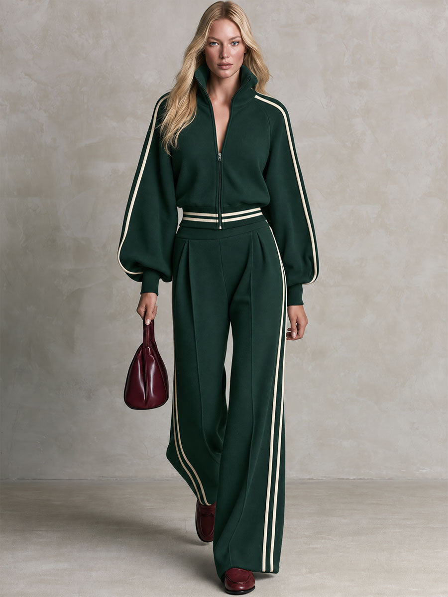 Sporty Retro Casual Color-blocked Striped Green Zip-up Sweatshirt And Pants Set