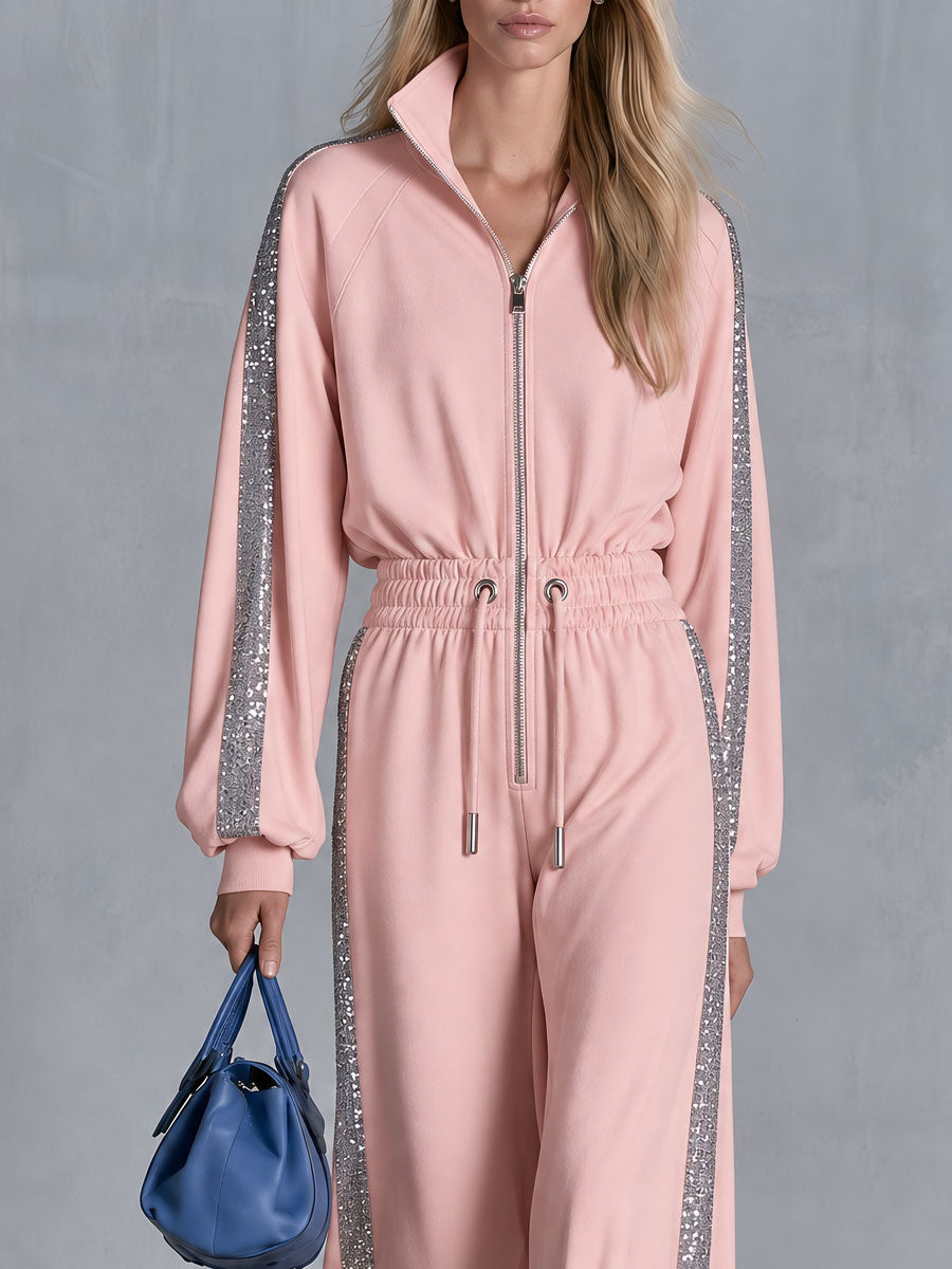Retro Casual Silver Ribbon Pink Stand-up Collar Waist-cinching Cotton Jumpsuit