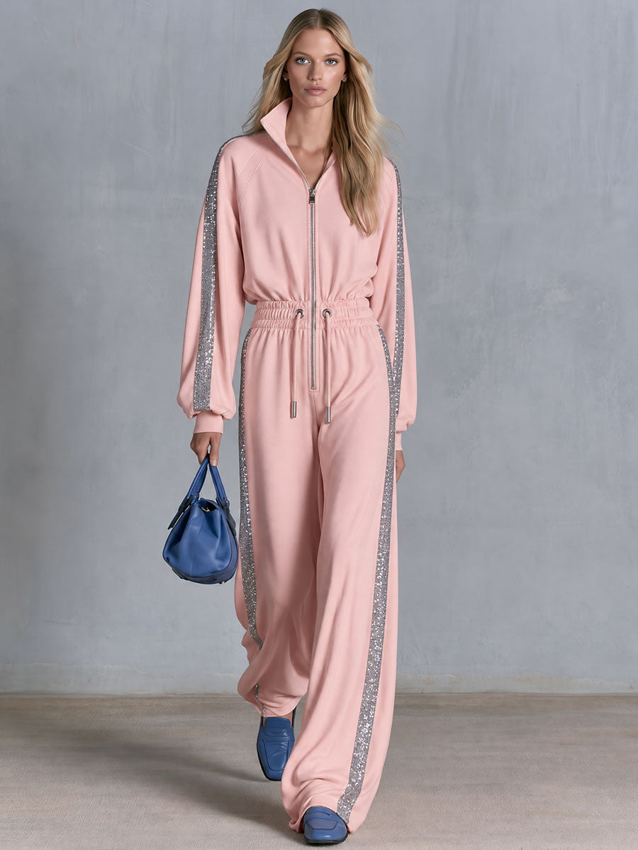 Retro Casual Silver Ribbon Pink Stand-up Collar Waist-cinching Cotton Jumpsuit