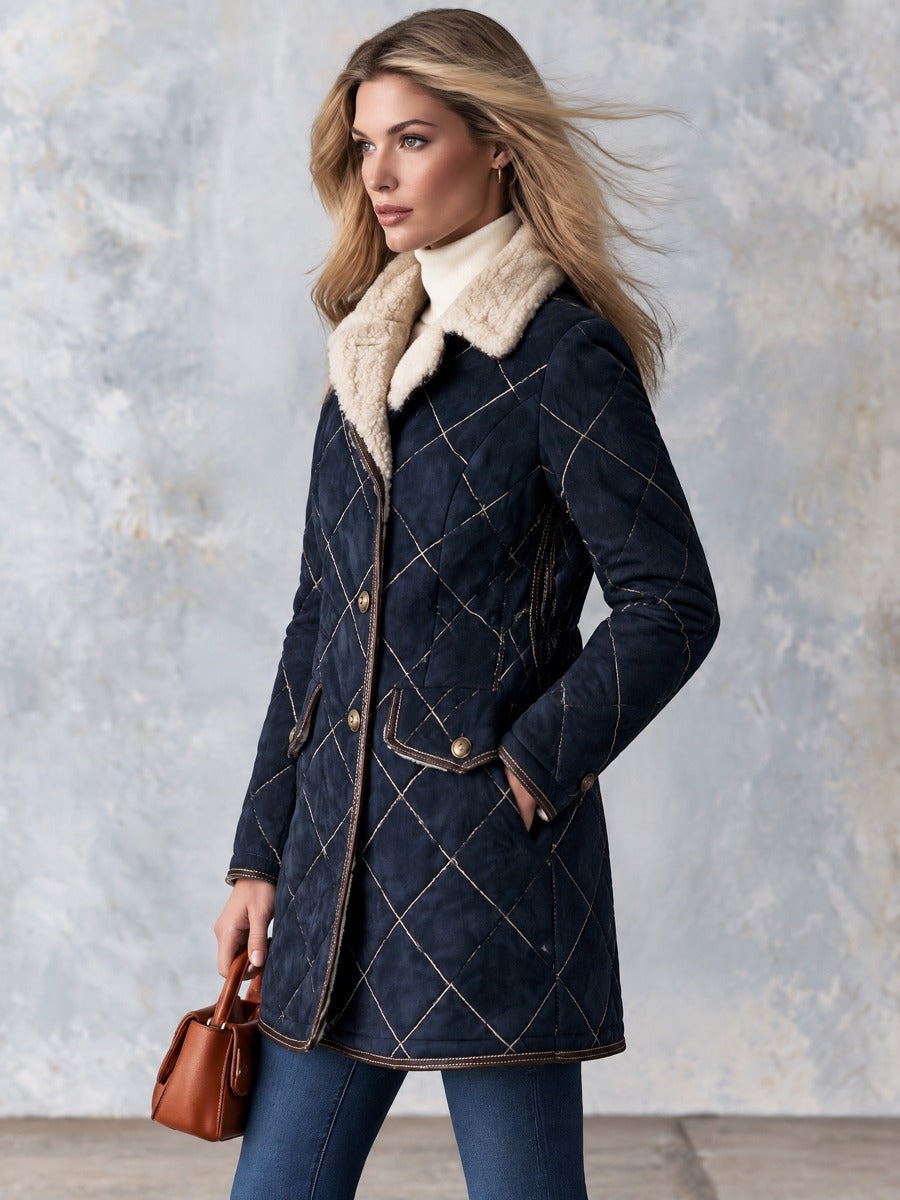 Casual Retro Diamond-stitched Fleece-lined Faux Suede Coat