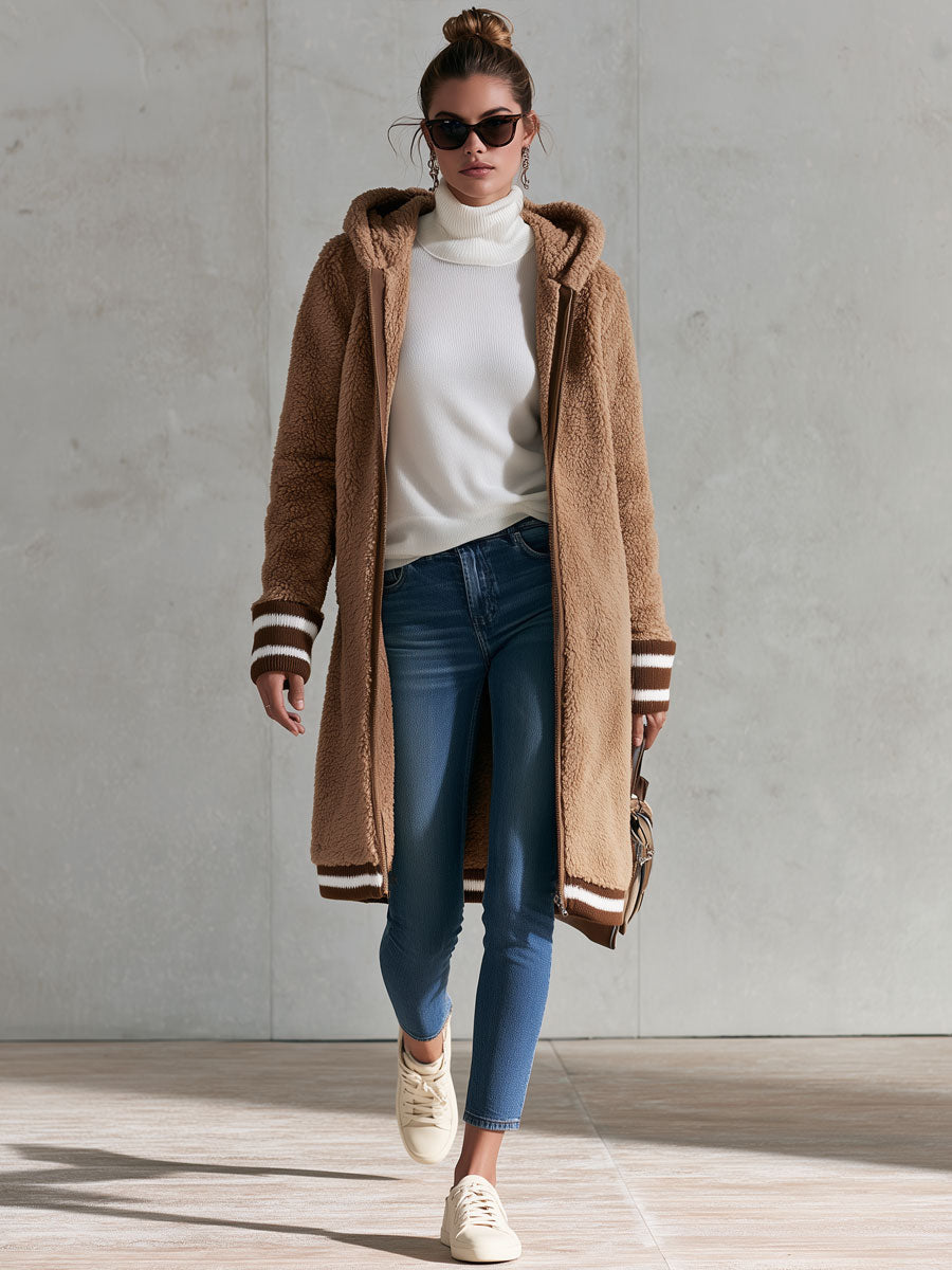 Casual Retro Striped Camel Double-faced Fleece Hooded Coat