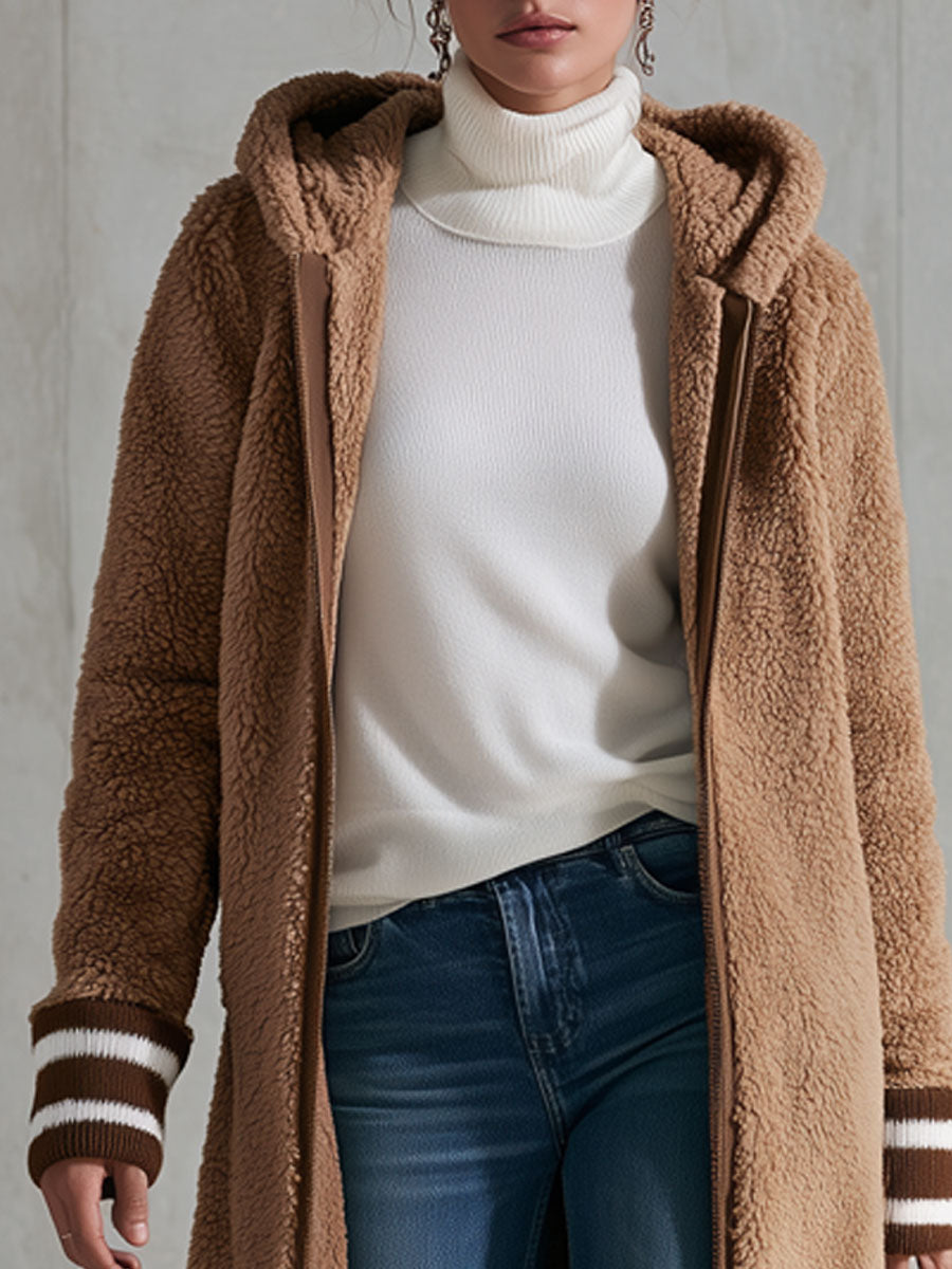 Casual Retro Striped Camel Double-faced Fleece Hooded Coat