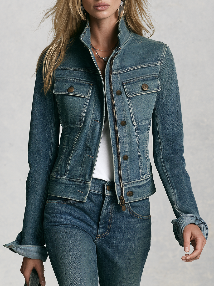 Classic Western Stand Collar Zip Up Fitted Cropped Medium Wash Denim Jacket
