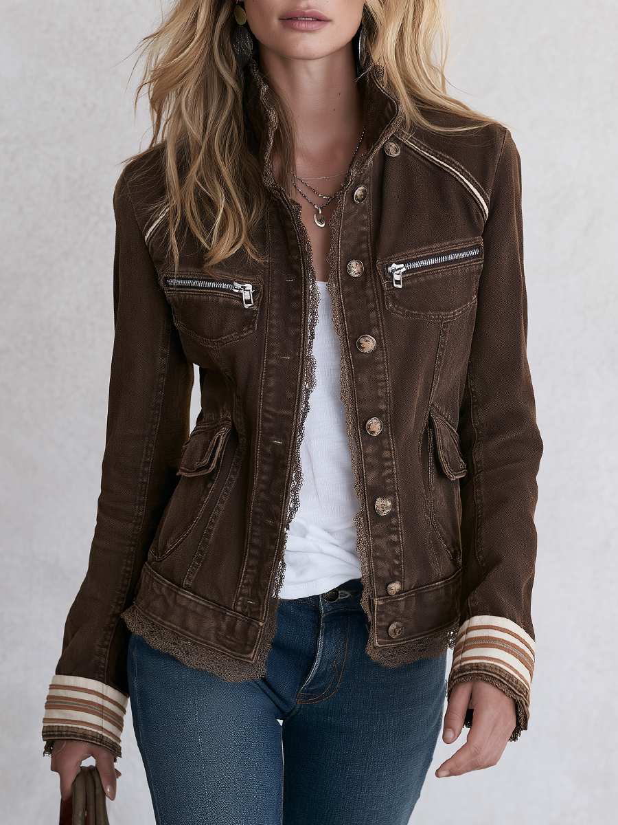 Vintage Boho Brown Lace Trim Striped Cuff Fitted Button Front Denim Jacket
