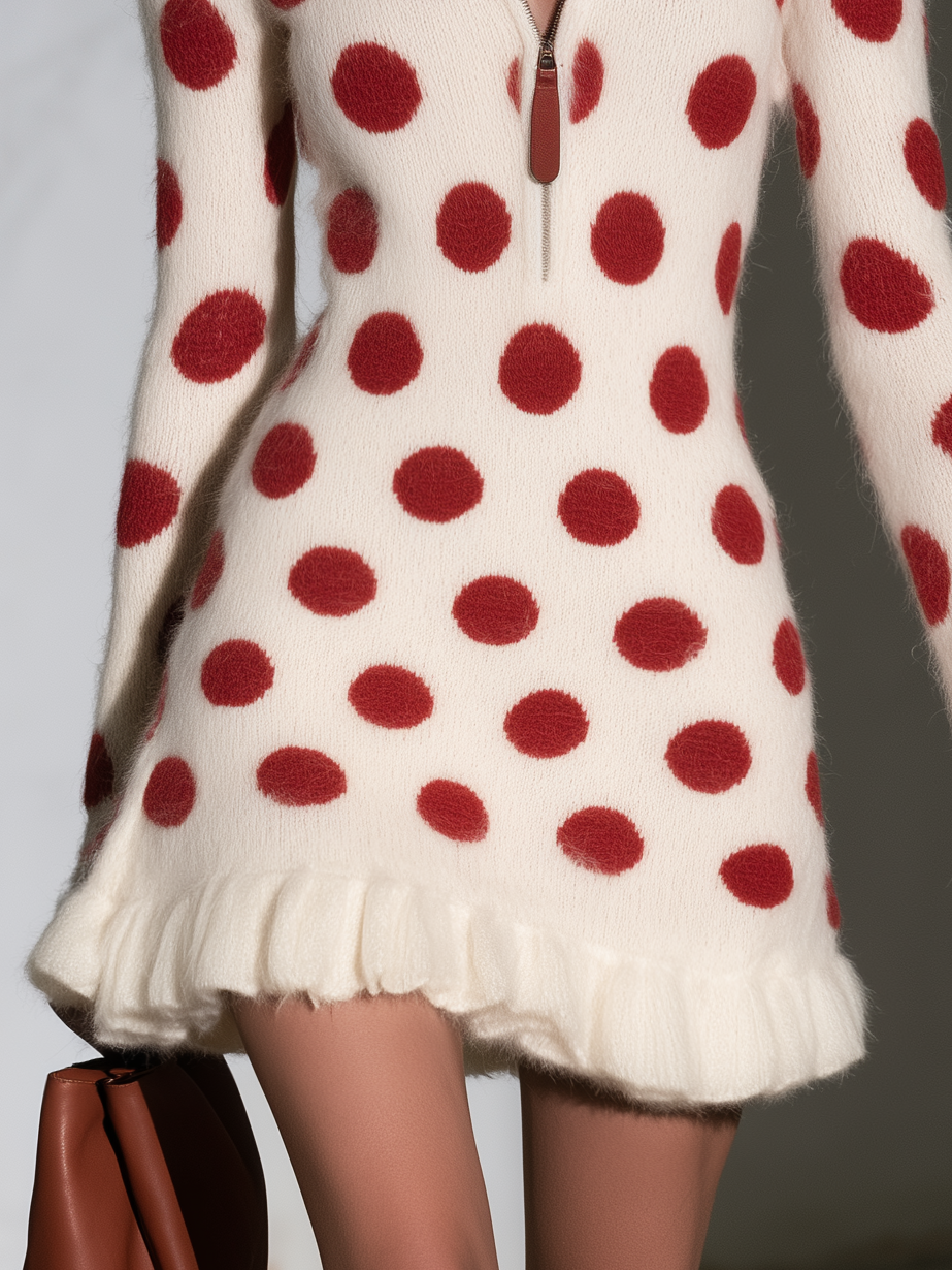 Retro Cream Mohair Polka Dot Ruffle Hem Knit Mini Dress