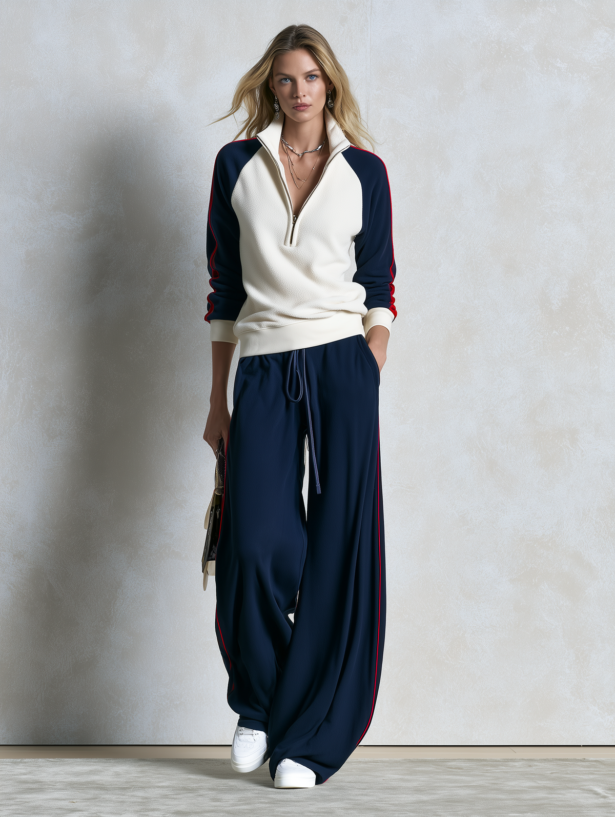 Retro Color-Block Fleece Zip-Up Sweatshirt And Jogger Set For Women