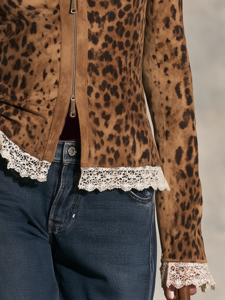 Retro Faux Suede Leopard Print Button-Up Shirt For Women