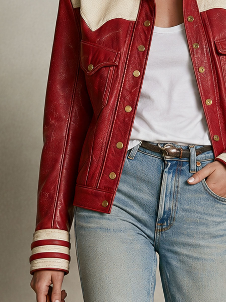 Retro Red Color-blocked Faux Leather Collar And Striped Cuff Jacket