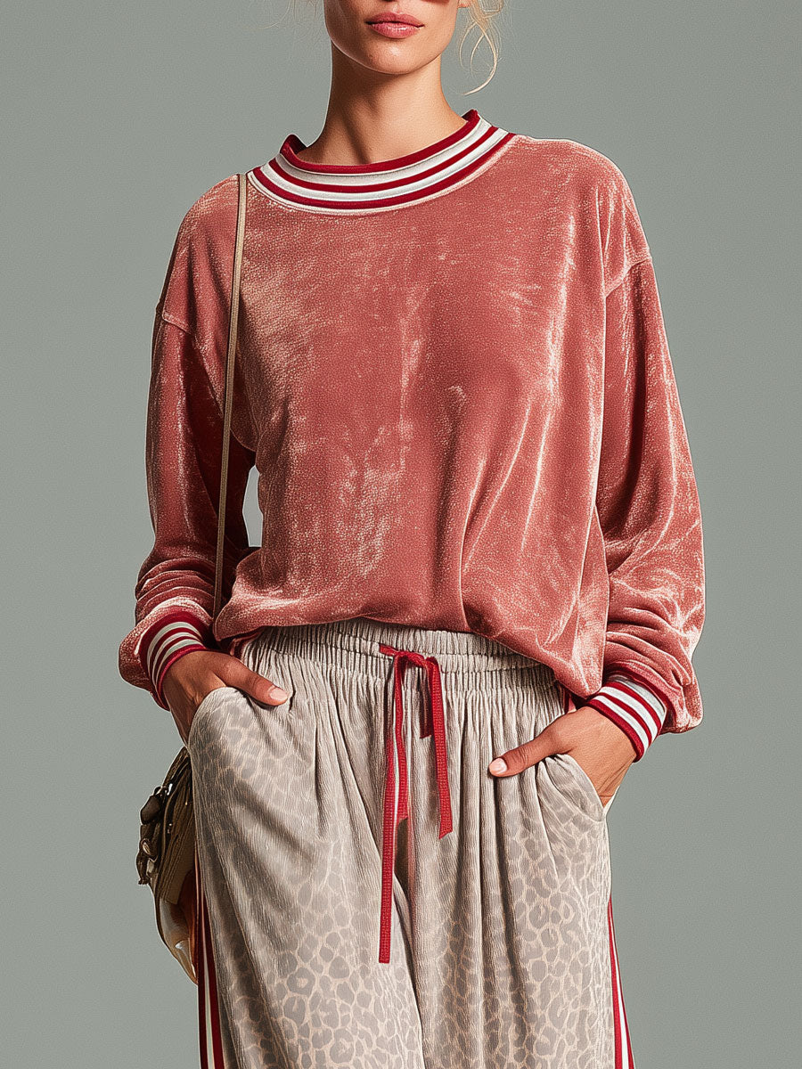 Casual Retro Pink Shiny Velvet Sweatshirt And Leopard Print Pants Set