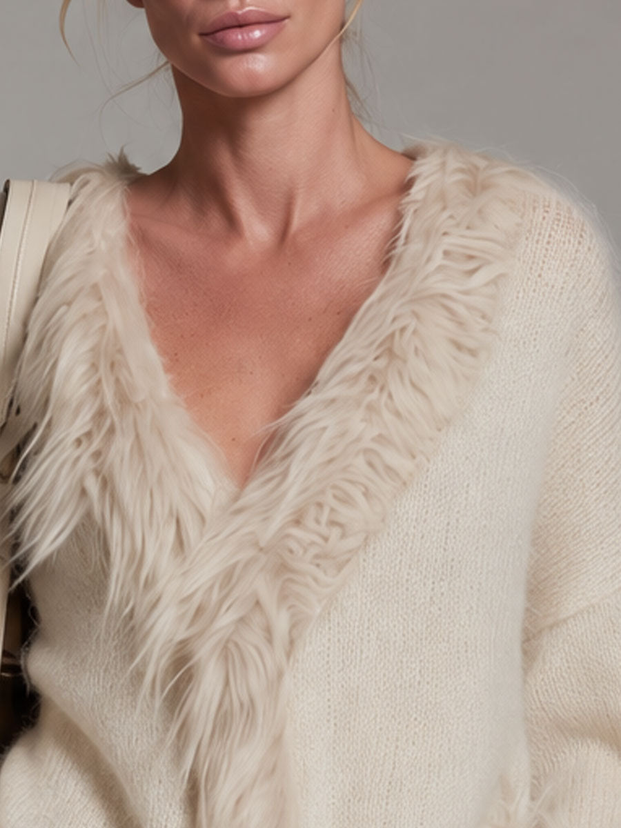 Retro Elegant Beige Faux Fox Fur Trim V-neck Knit Sweater