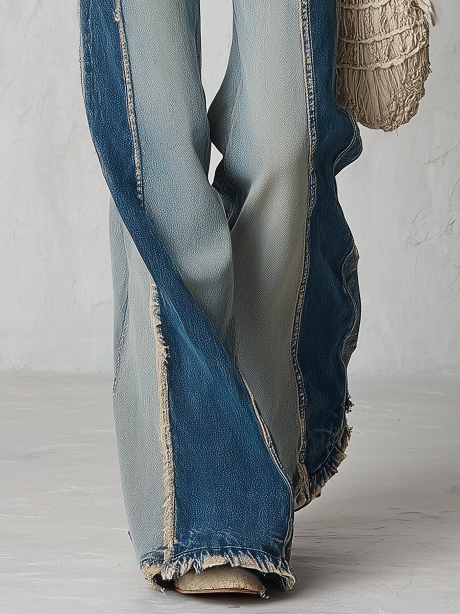 Vintage Two-Tone Patchwork Frayed Seam High Rise Wide Leg Jeans