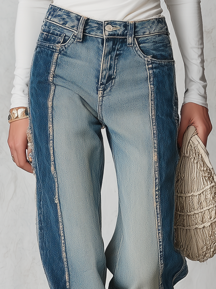 Vintage Two-Tone Patchwork Frayed Seam High Rise Wide Leg Jeans