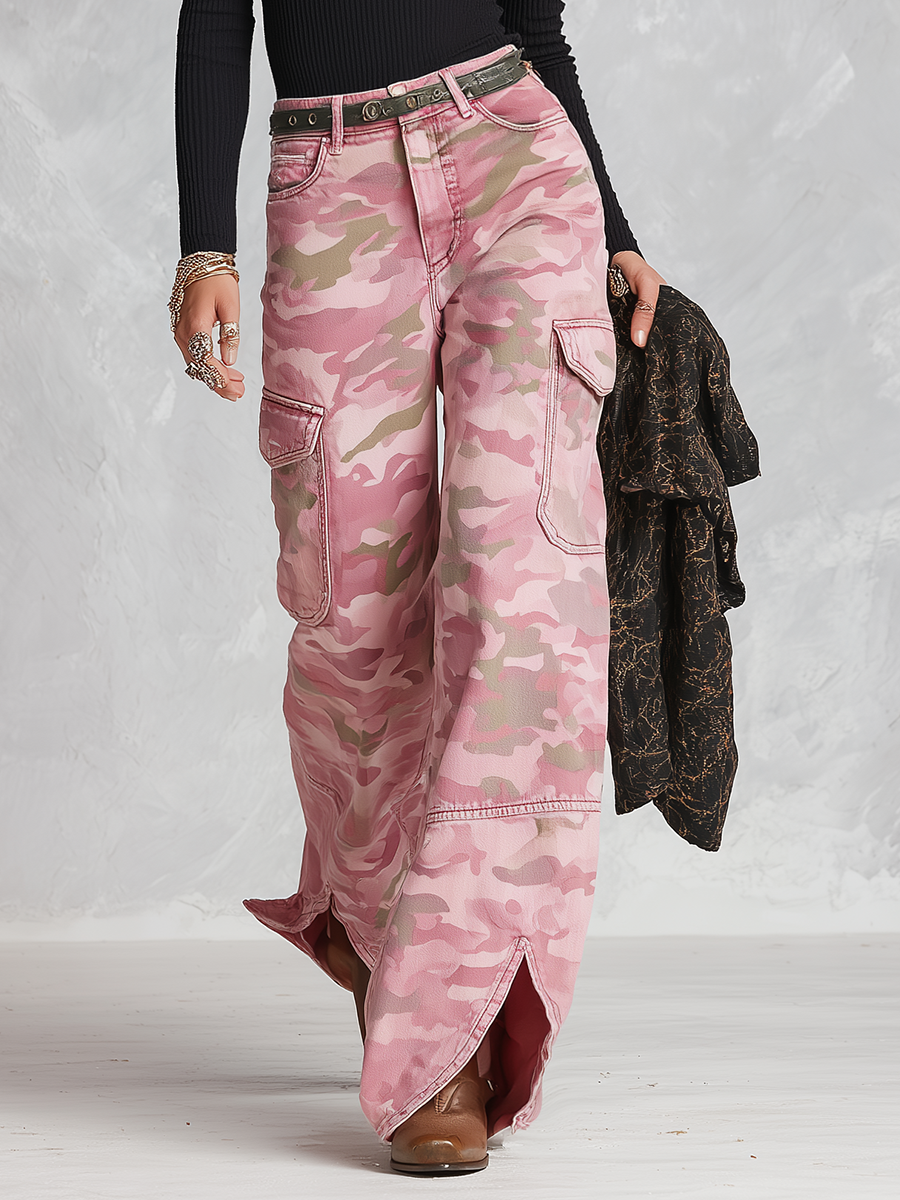 Modern Utility Pink Camo Cargo Pocket Split Hem Wide Leg Jeans