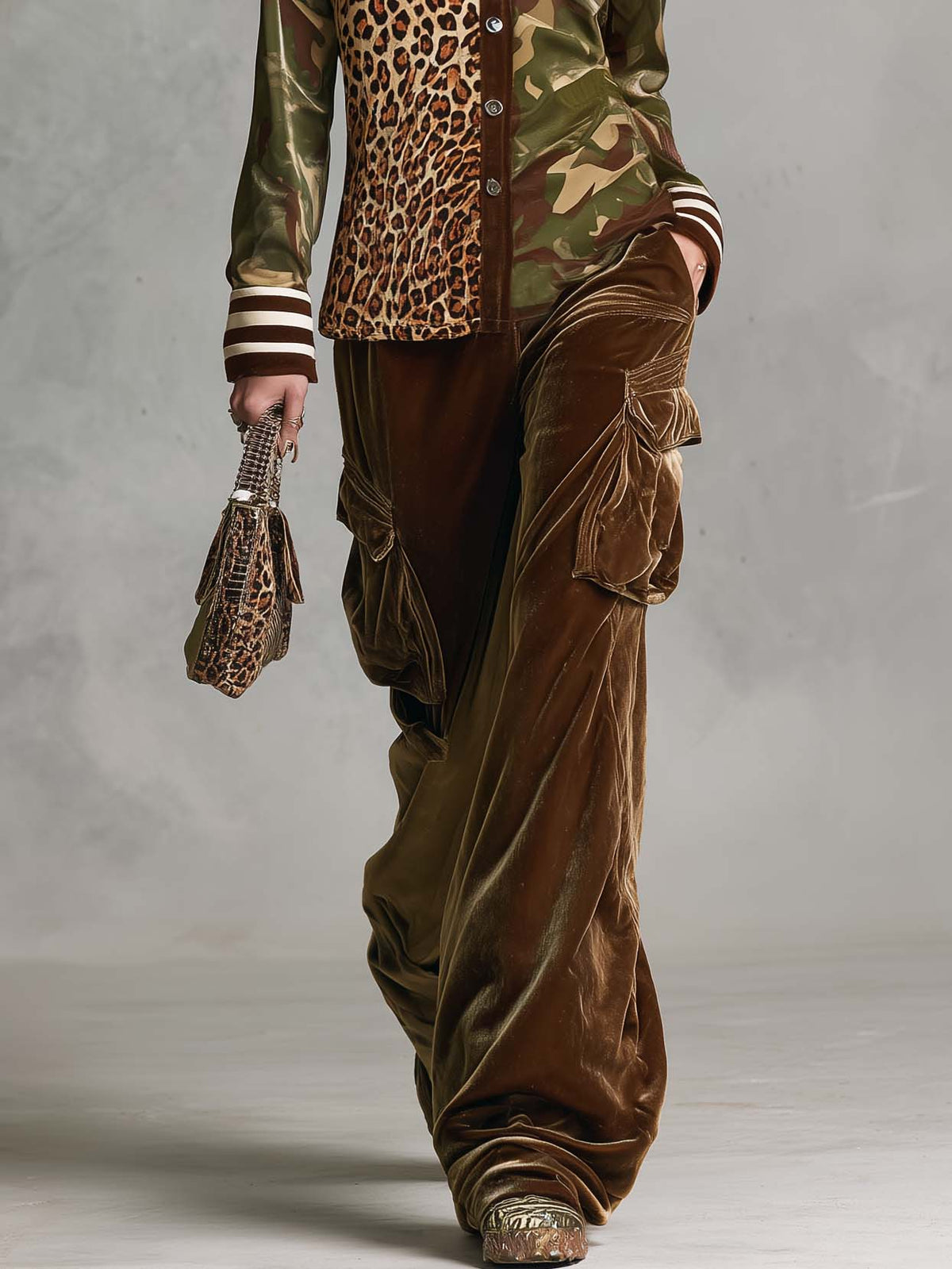 Vintage Military Leopard Print Camo Button-Down Shirt And Velvet Cargo Pants Set