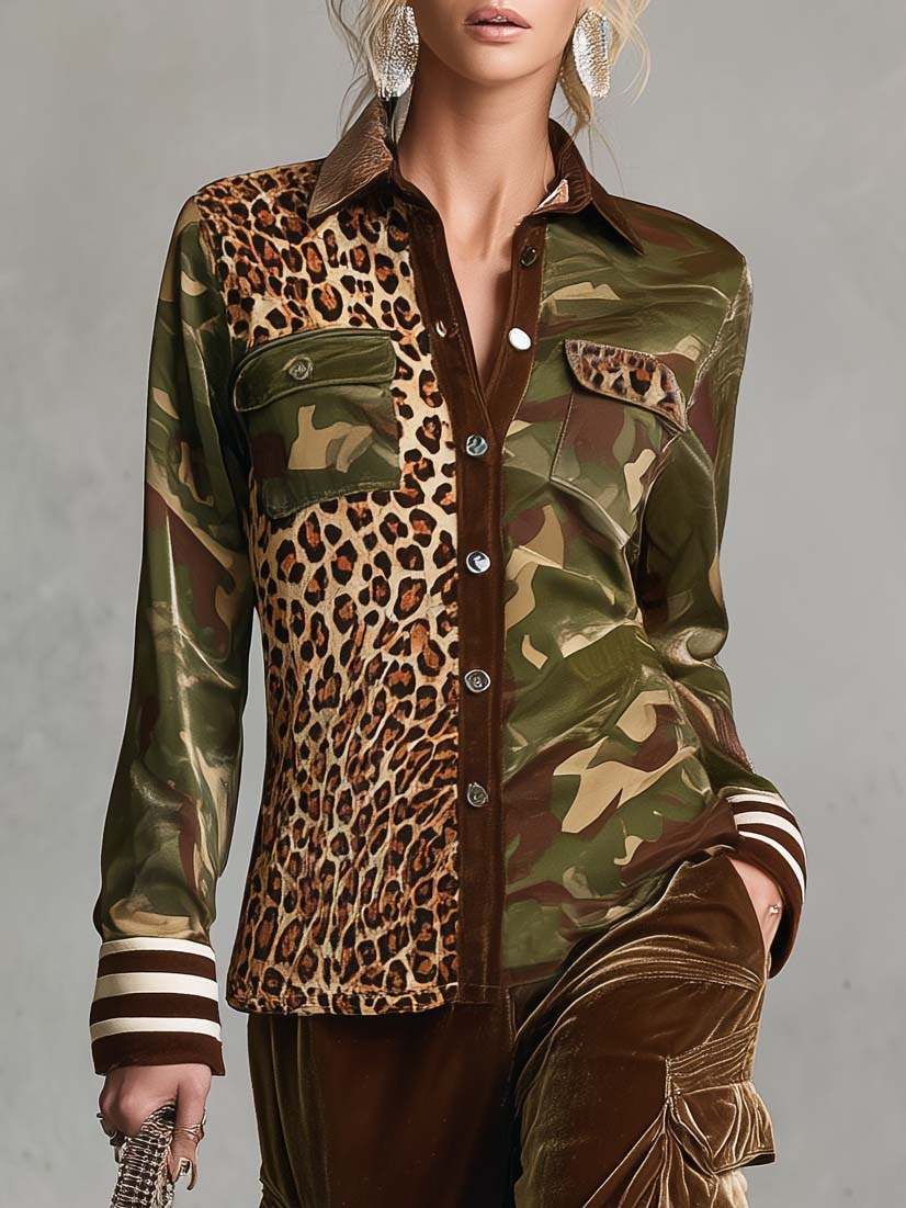 Vintage Military Leopard Print Camo Button-Down Shirt And Velvet Cargo Pants Set