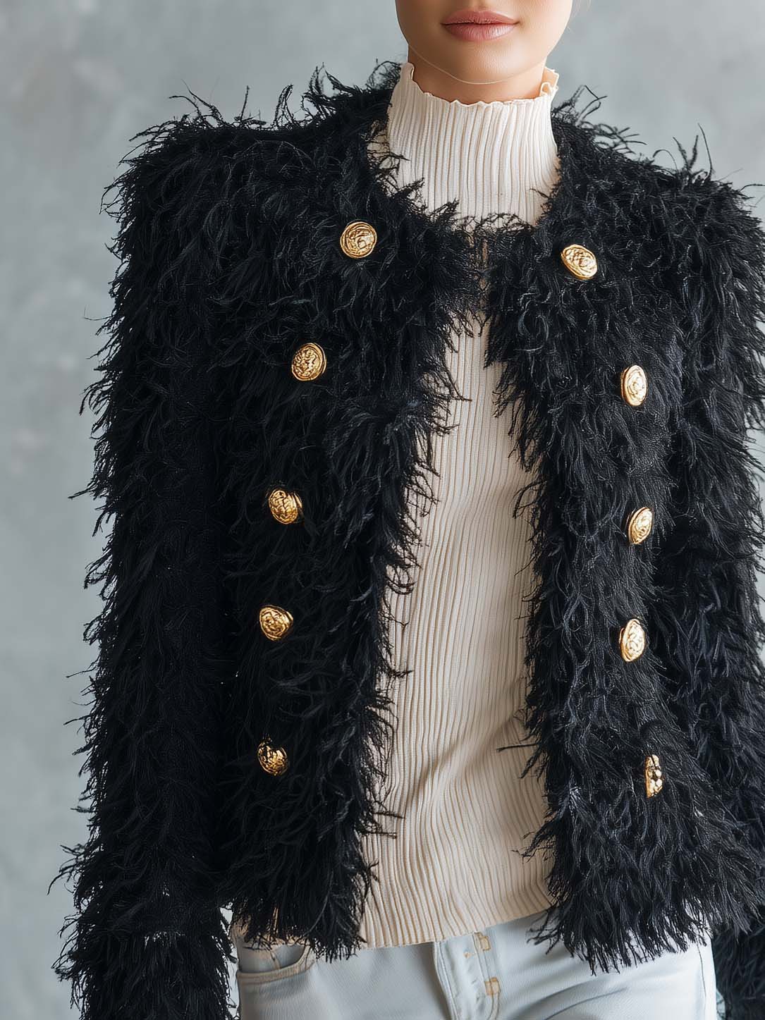 Retro Elegant Black Fuzzy Faux Fur Double-Breasted Gold Button Cropped Jacket