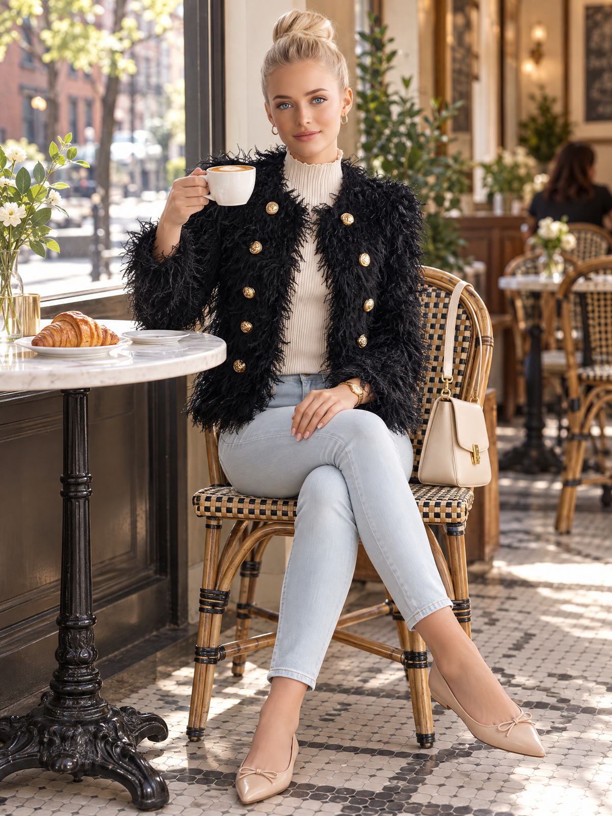 Retro Elegant Black Fuzzy Faux Fur Double-Breasted Gold Button Cropped Jacket
