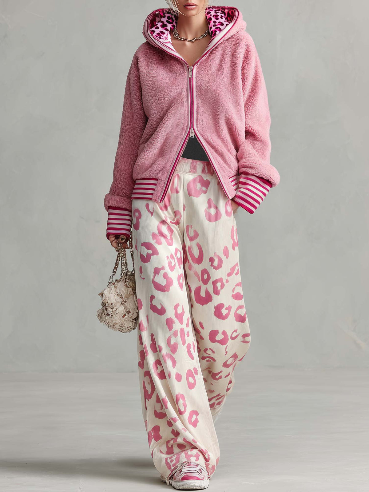 Retro Sporty Lazy Pink Sherpa Zip Hoodie And Leopard Print Velvet Wide-leg Pants Set