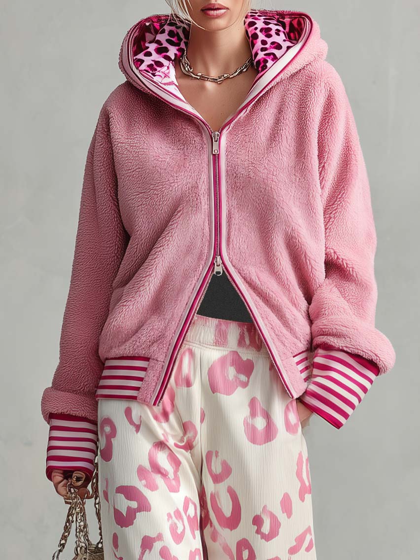 Retro Sporty Lazy Pink Sherpa Zip Hoodie And Leopard Print Velvet Wide-leg Pants Set