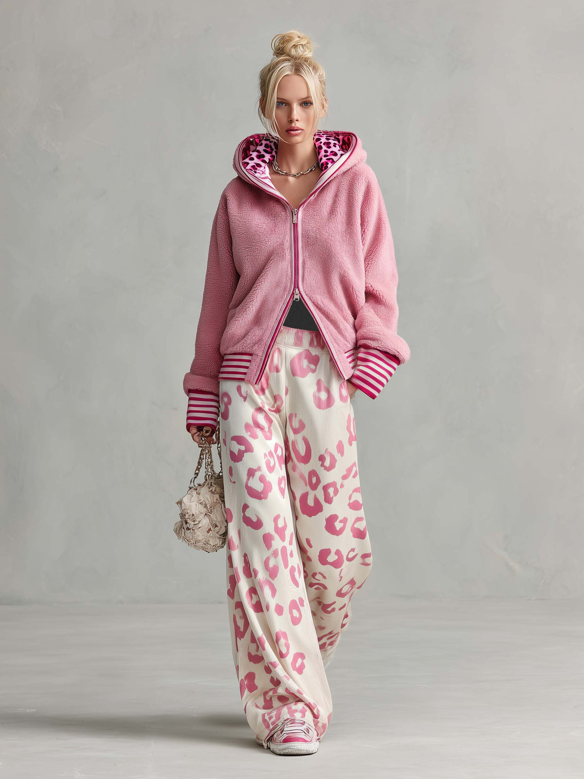 Retro Sporty Lazy Pink Sherpa Zip Hoodie And Leopard Print Velvet Wide-leg Pants Set