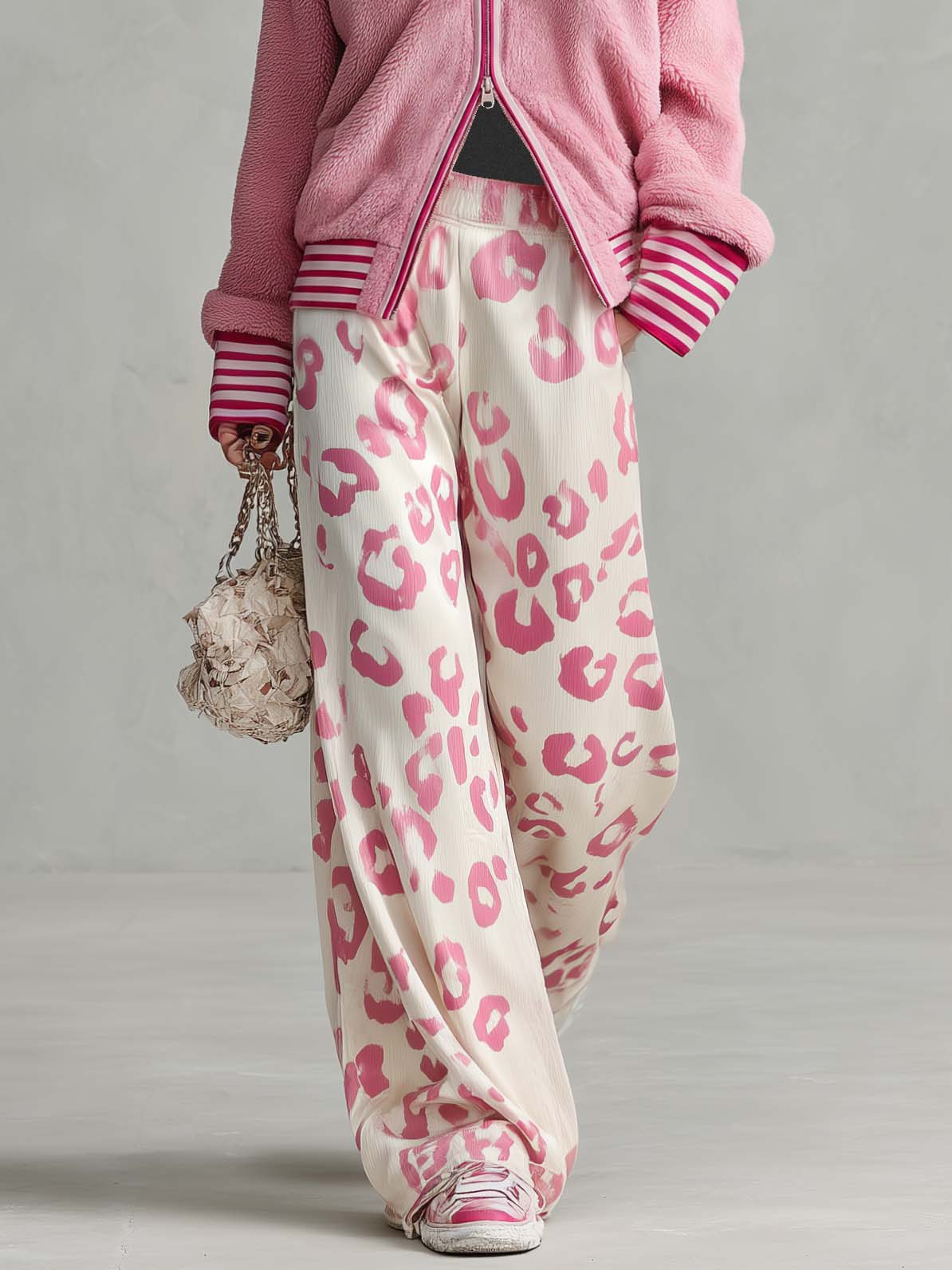 Retro Sporty Lazy Pink Sherpa Zip Hoodie And Leopard Print Velvet Wide-leg Pants Set