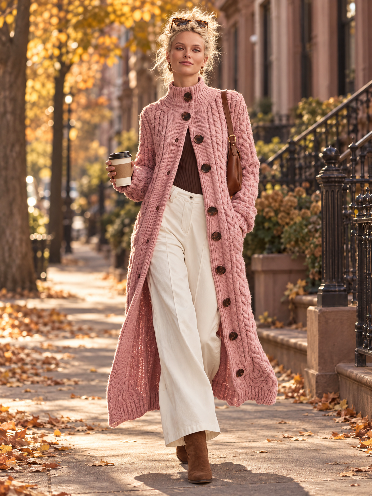 Retro Elegant Pink Chunky Cable Knit Mock Neck Button-Up Maxi Duster Cardigan