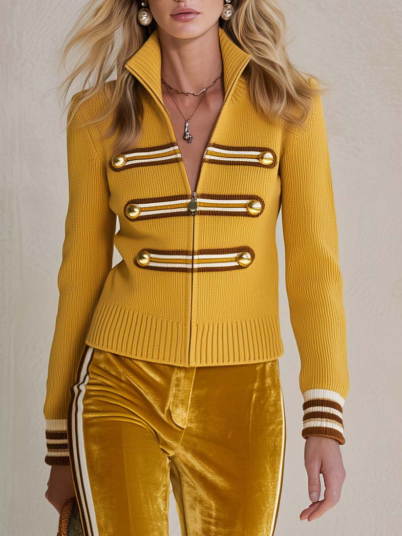Retro Military Mustard Knit Zip-Up Cardigan And Side Stripe Velvet Flare Pants Set