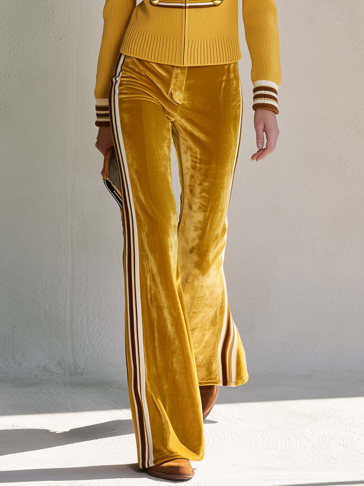 Retro Military Mustard Knit Zip-Up Cardigan And Side Stripe Velvet Flare Pants Set