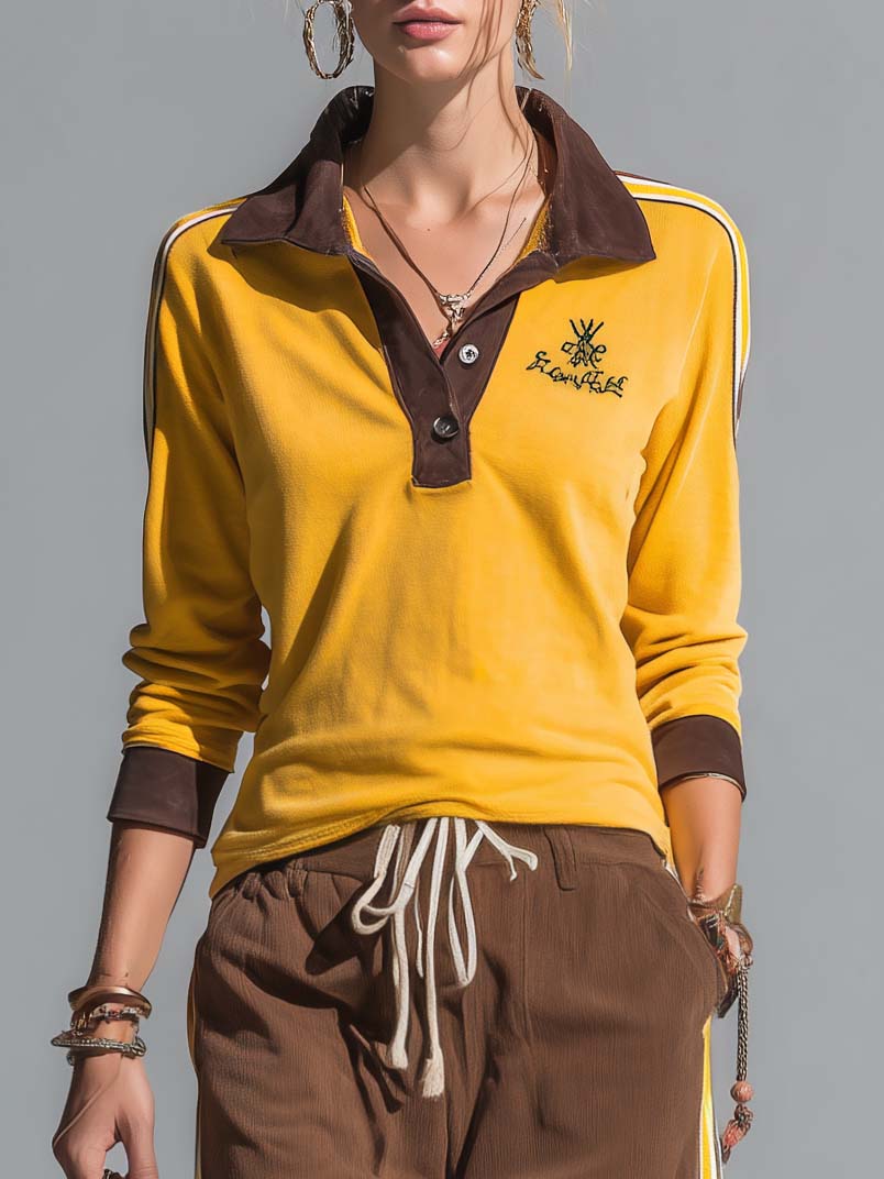 Retro Sporty Color Block Polo Top Side Stripe Wide Leg Pants Set