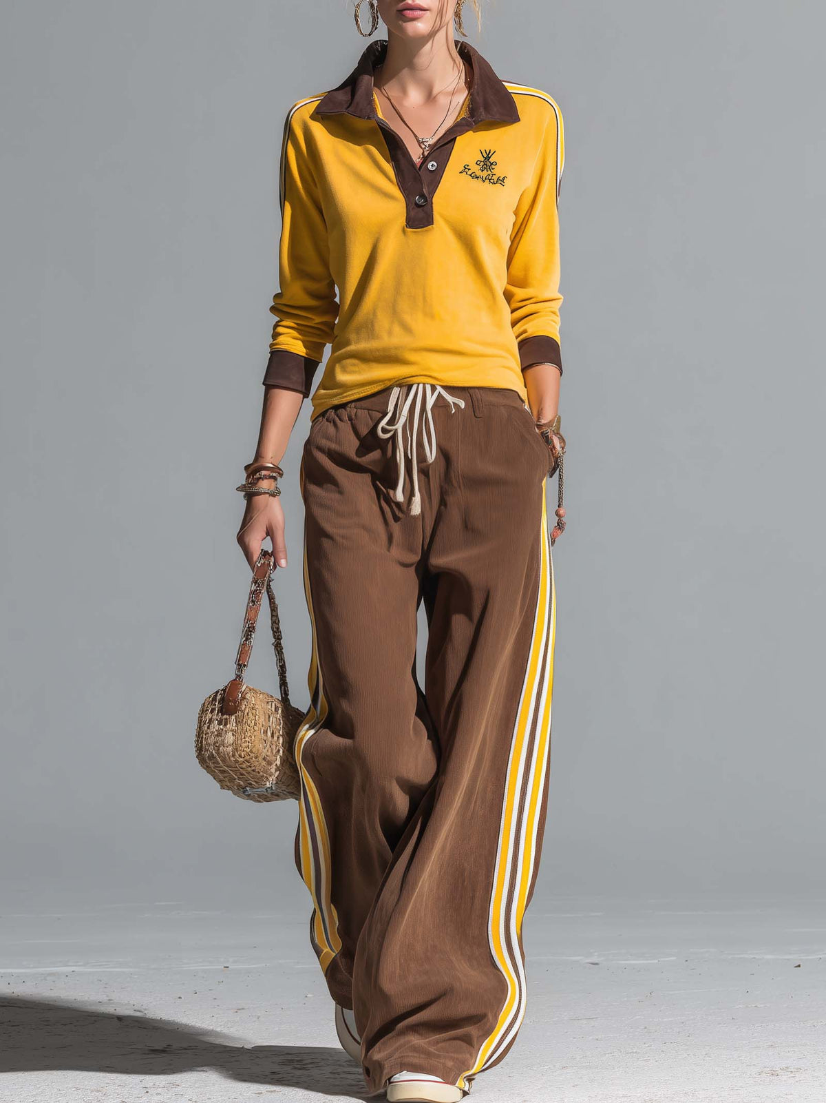 Retro Sporty Color Block Polo Top Side Stripe Wide Leg Pants Set