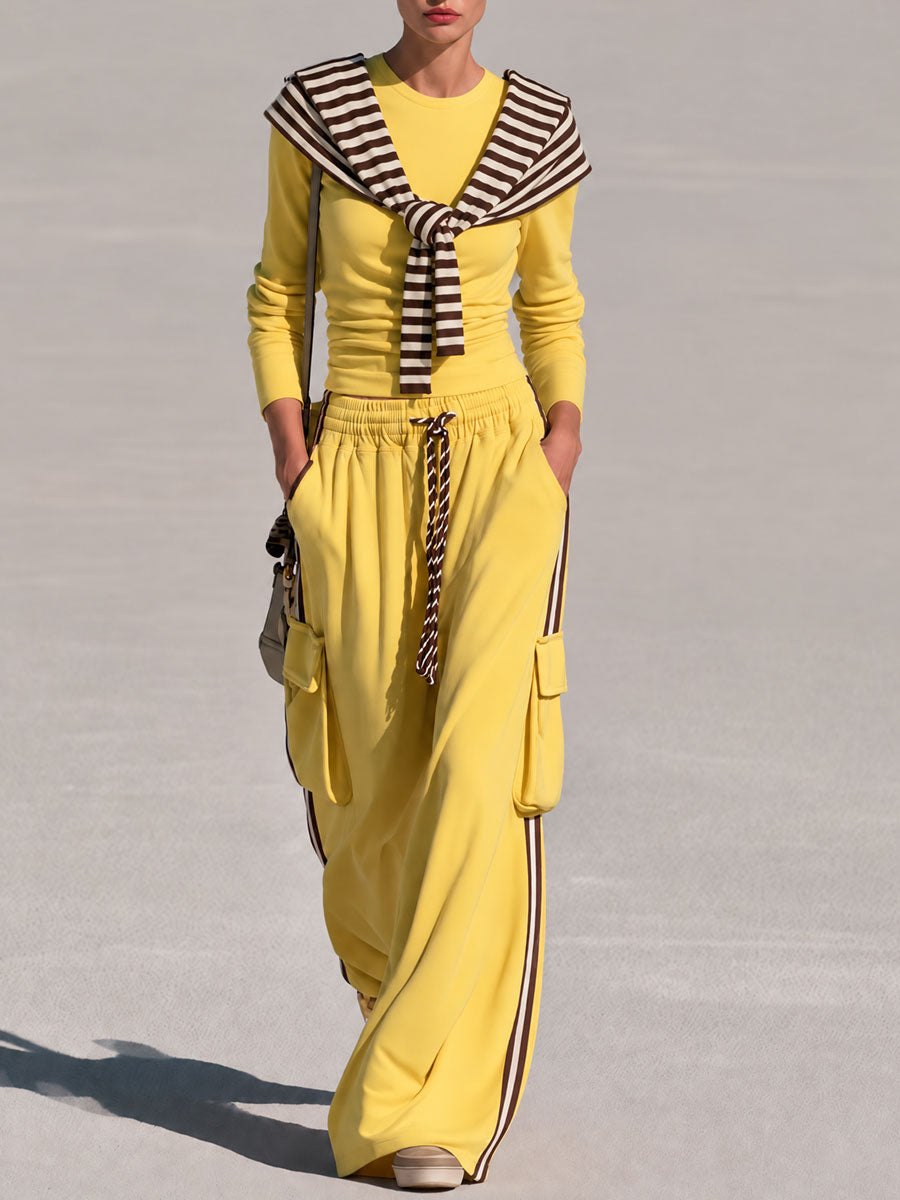 Casual Retro Chic Detachable Striped Shawl Yellow Sweatshirt And Pants Set