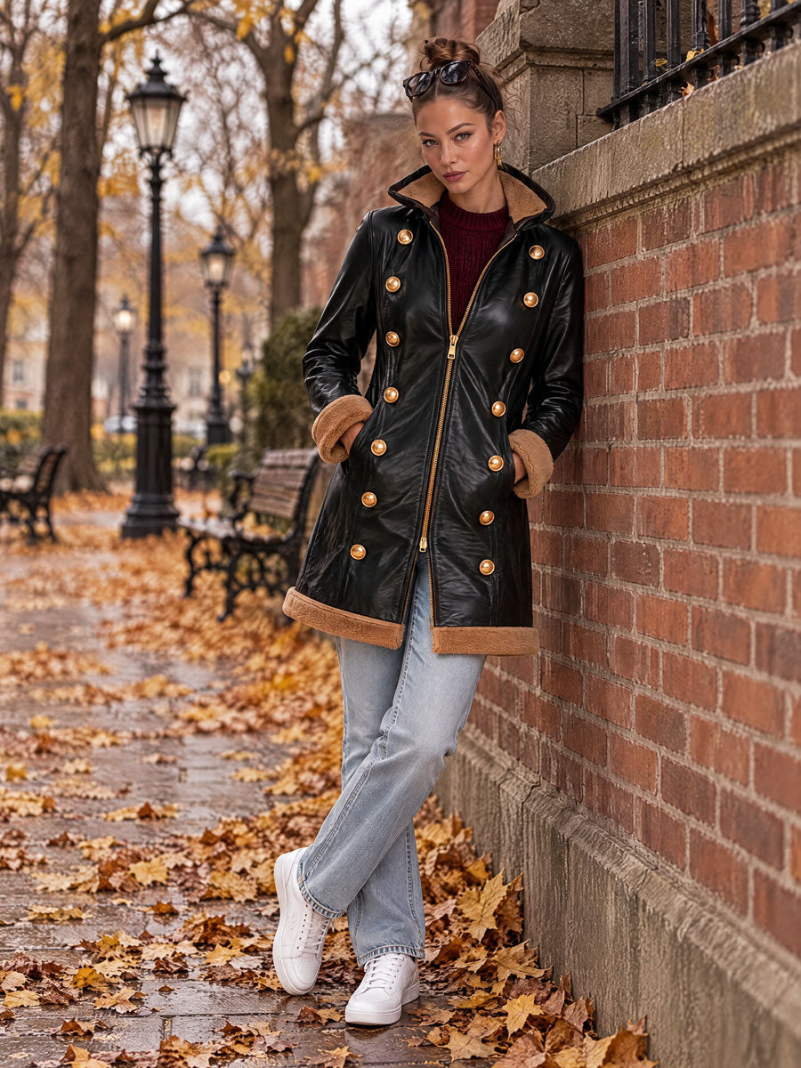 Retro Fleece Gold Button Black Faux Leather Coat