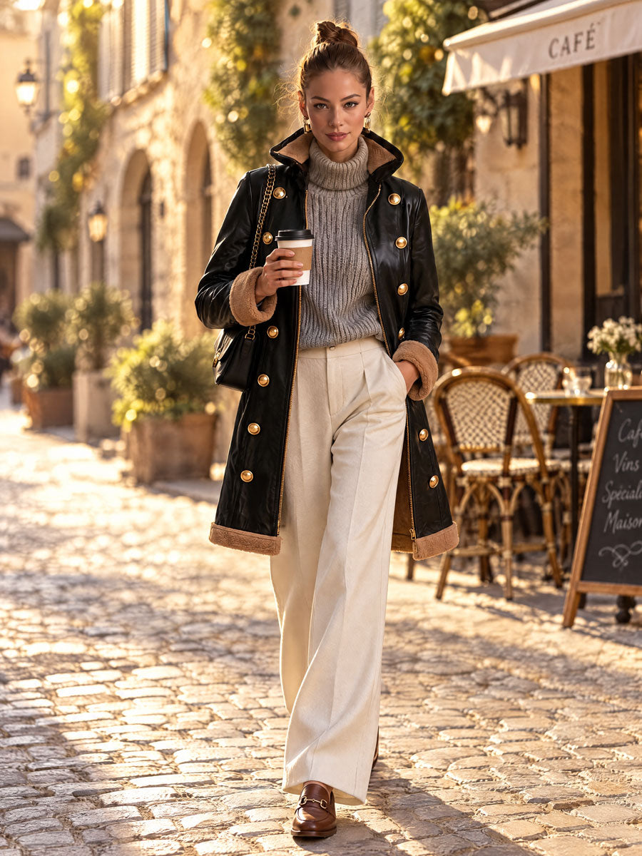 Retro Fleece Gold Button Black Faux Leather Coat